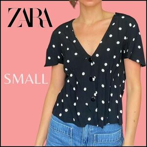 ZARA Black Polka dot button front Short Sleeves  blouse - Size Small